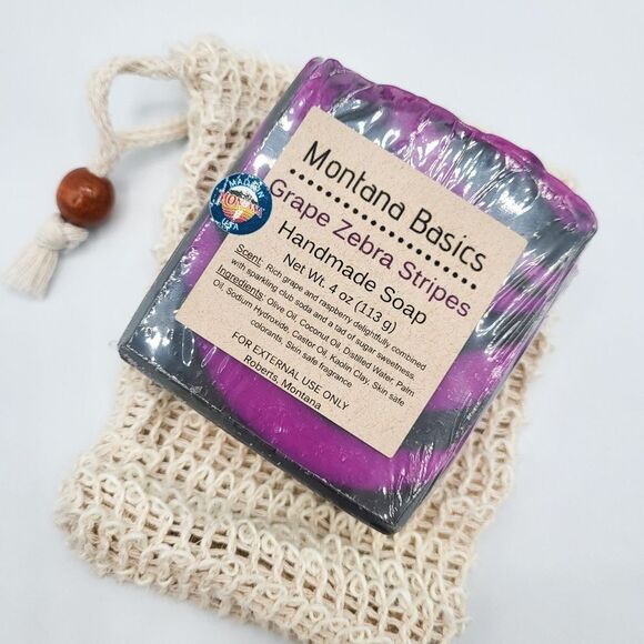 Grape Zebra Stripes Handcrafted Soap & Exfoliating Soap Bag - Gift Set - Picture 1 of 8